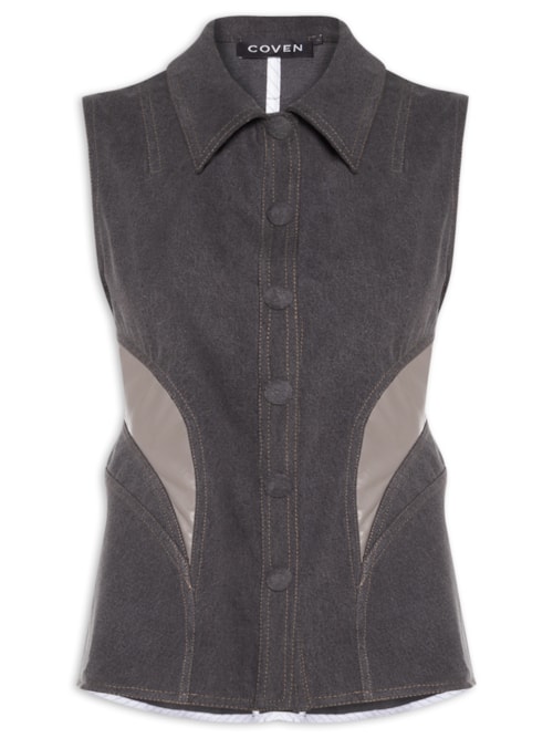Camisa Feminina Jeans Com Couro - Cinza
