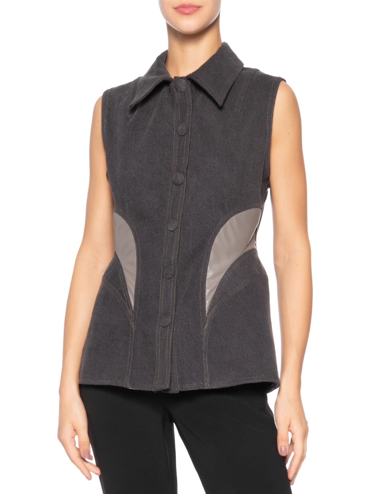 Camisa Feminina Jeans Com Couro Cinza Coven