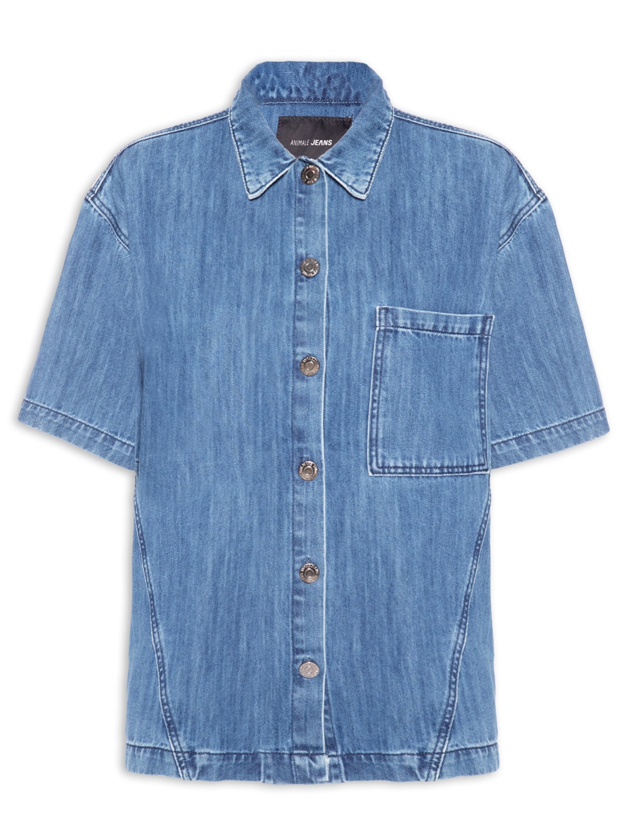 Camisa Feminina Jeans Manga Curta Recorte Azul Animale Jeans