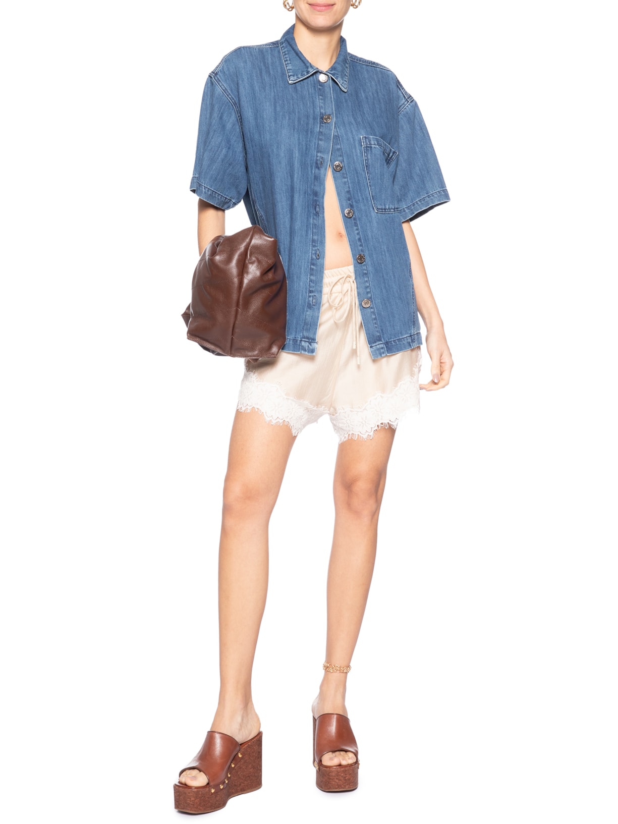 Camisa Feminina Jeans Manga Curta Recorte Azul Animale Jeans