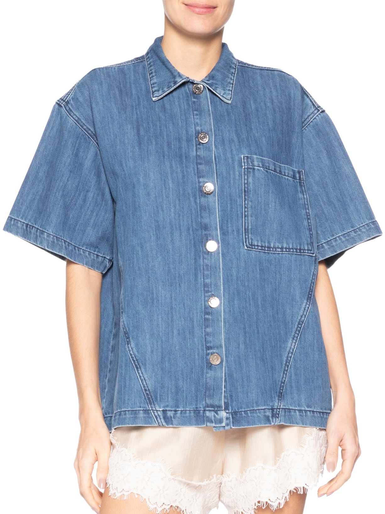 Camisa Feminina Jeans Manga Curta Recorte Azul Animale Jeans