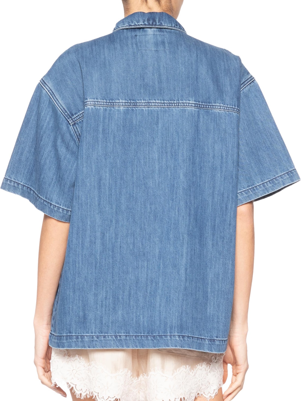Camisa Feminina Jeans Manga Curta Recorte Azul Animale Jeans