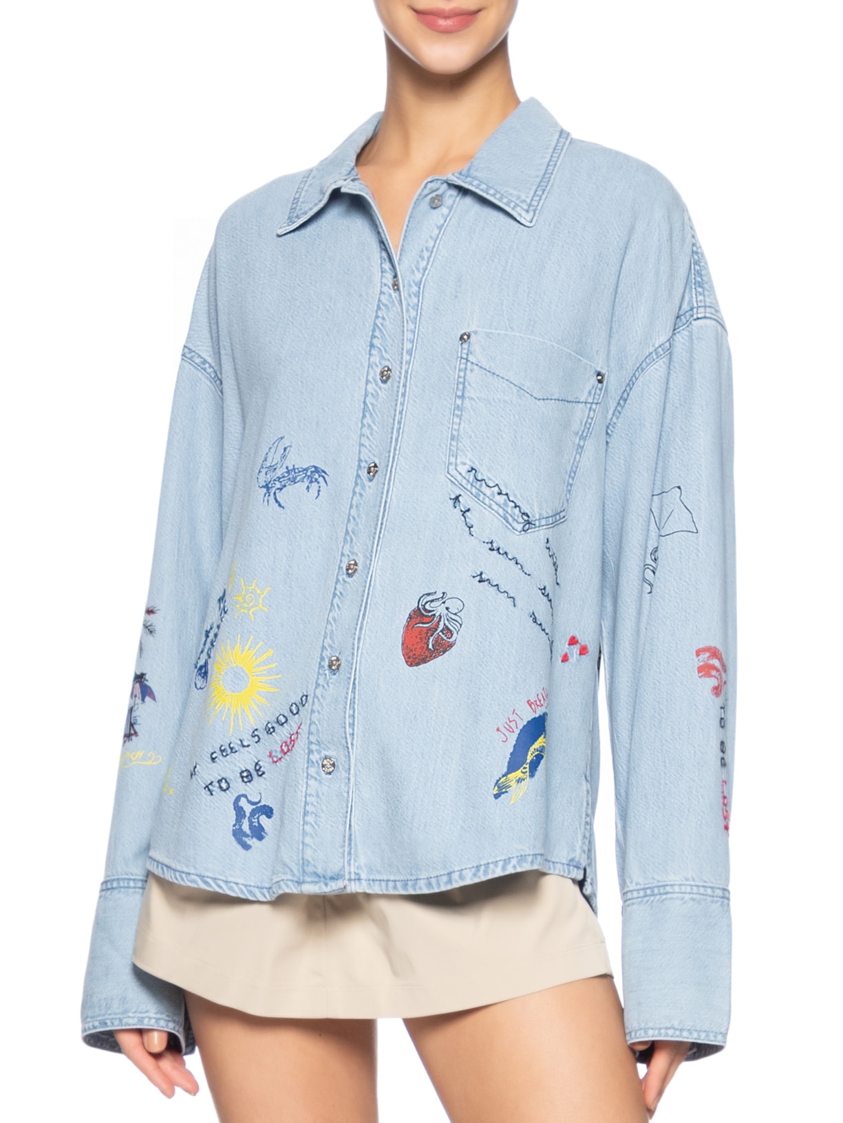  Camisa Feminina Jeans Over Silk Emojis Azul Animale Jeans