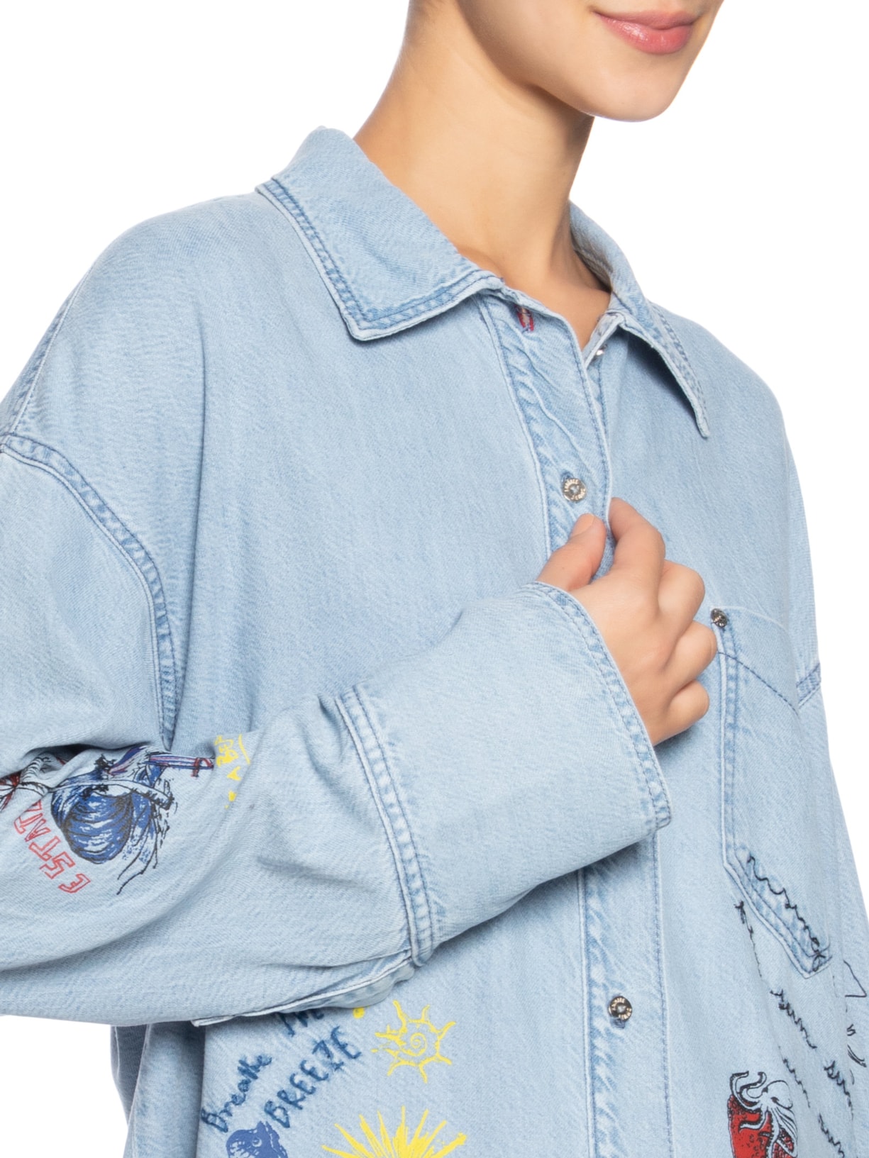  Camisa Feminina Jeans Over Silk Emojis Azul Animale Jeans