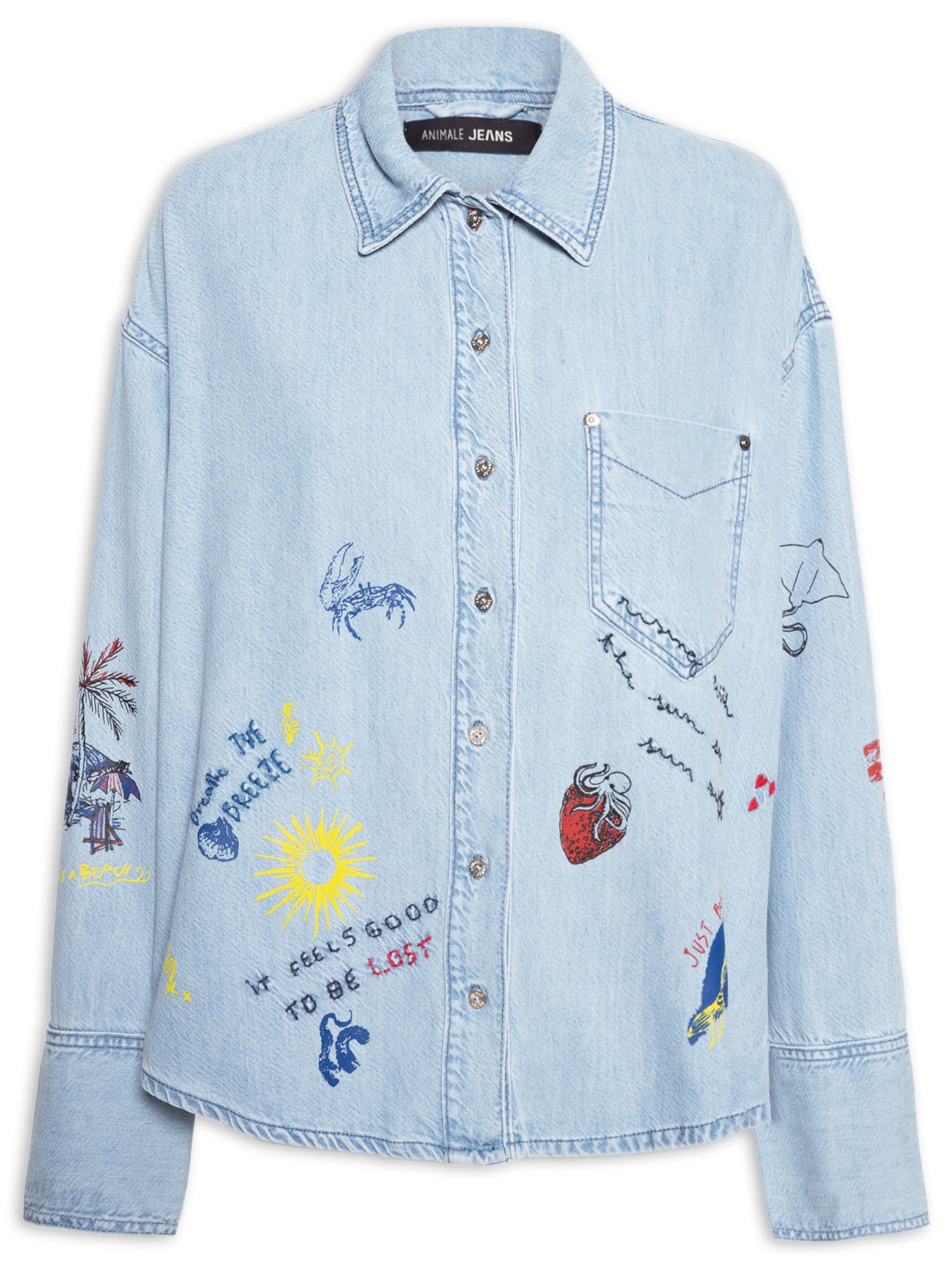 Camisa Feminina Jeans Over Silk Emojis - Azul