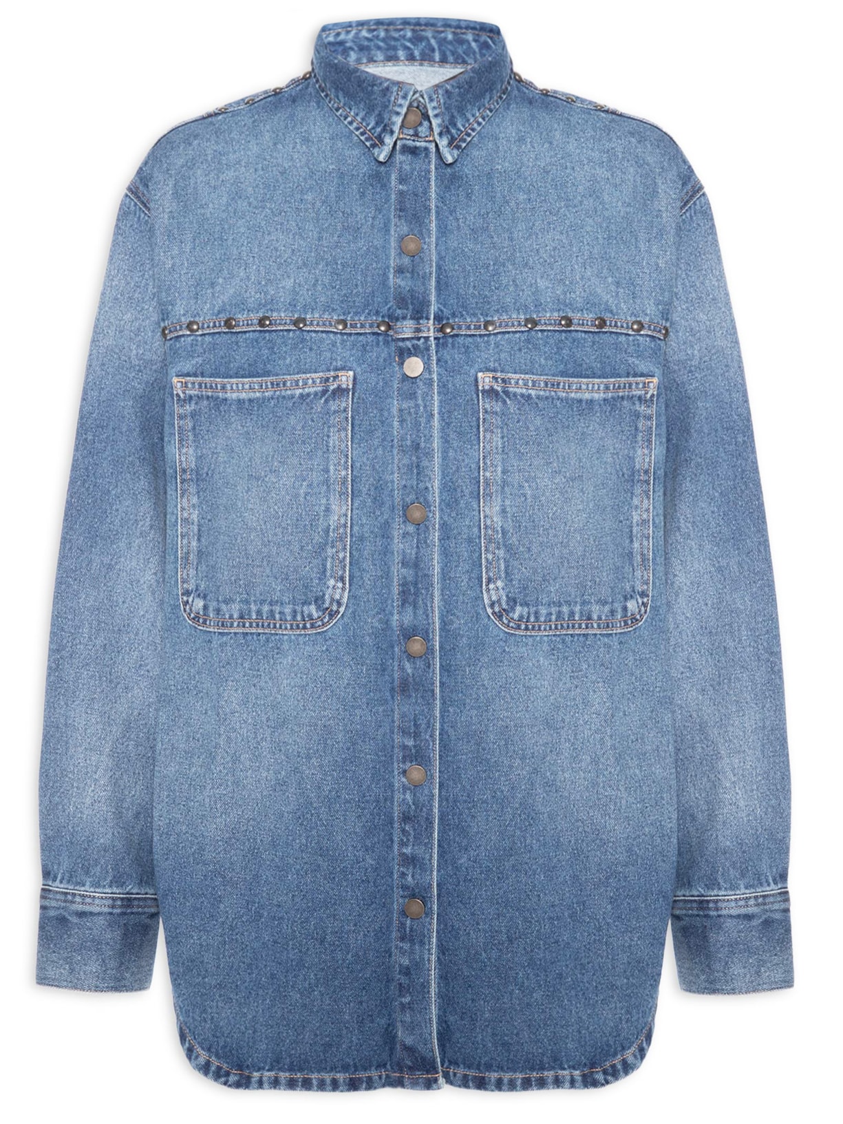 Camisa Feminina Jeans Over Tachas - Azul