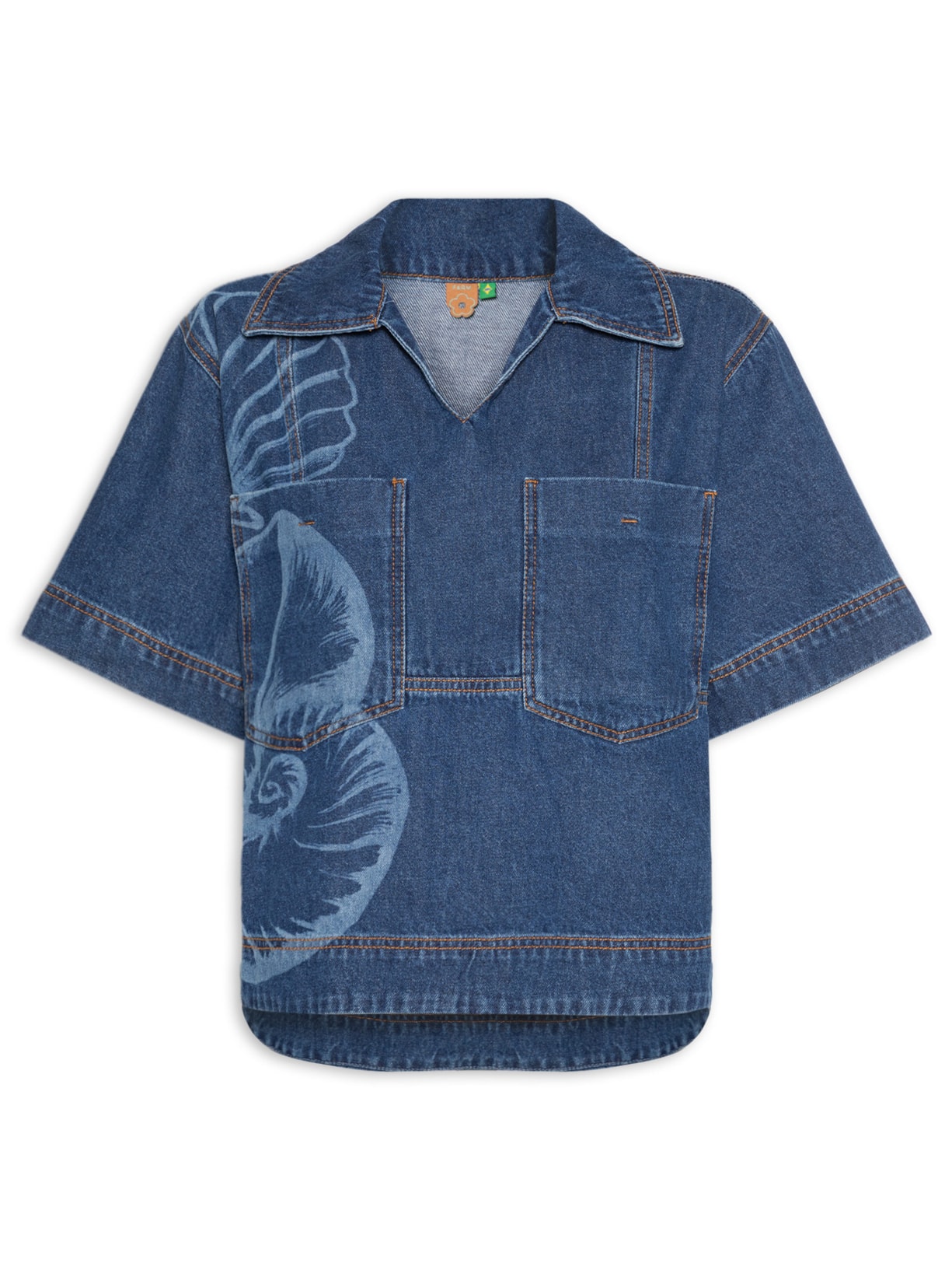 Camisa Feminina Jeans Polo Laser Maxi Conchas Azul Farm