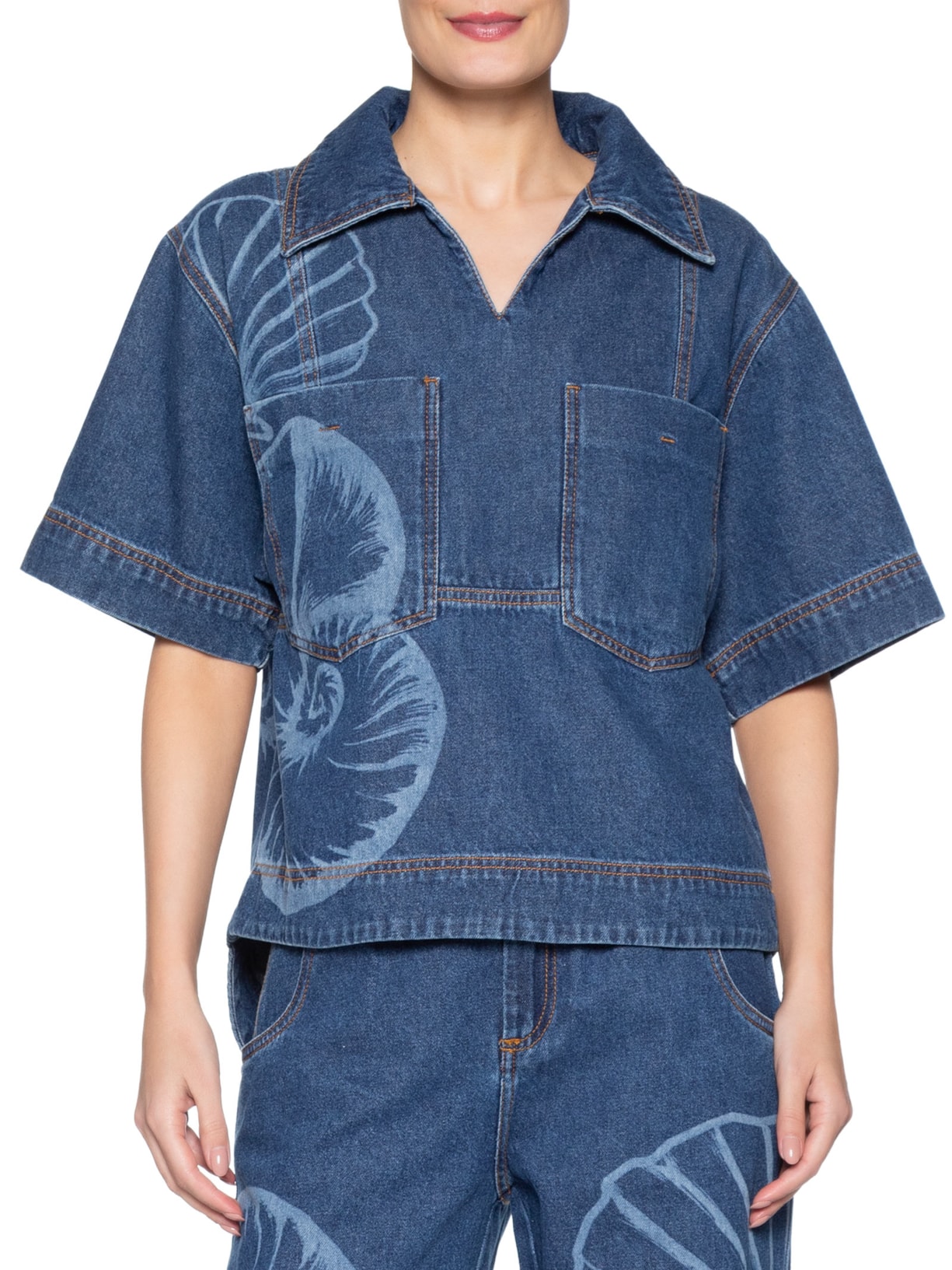 Camisa Feminina Jeans Polo Laser Maxi Conchas Azul Farm