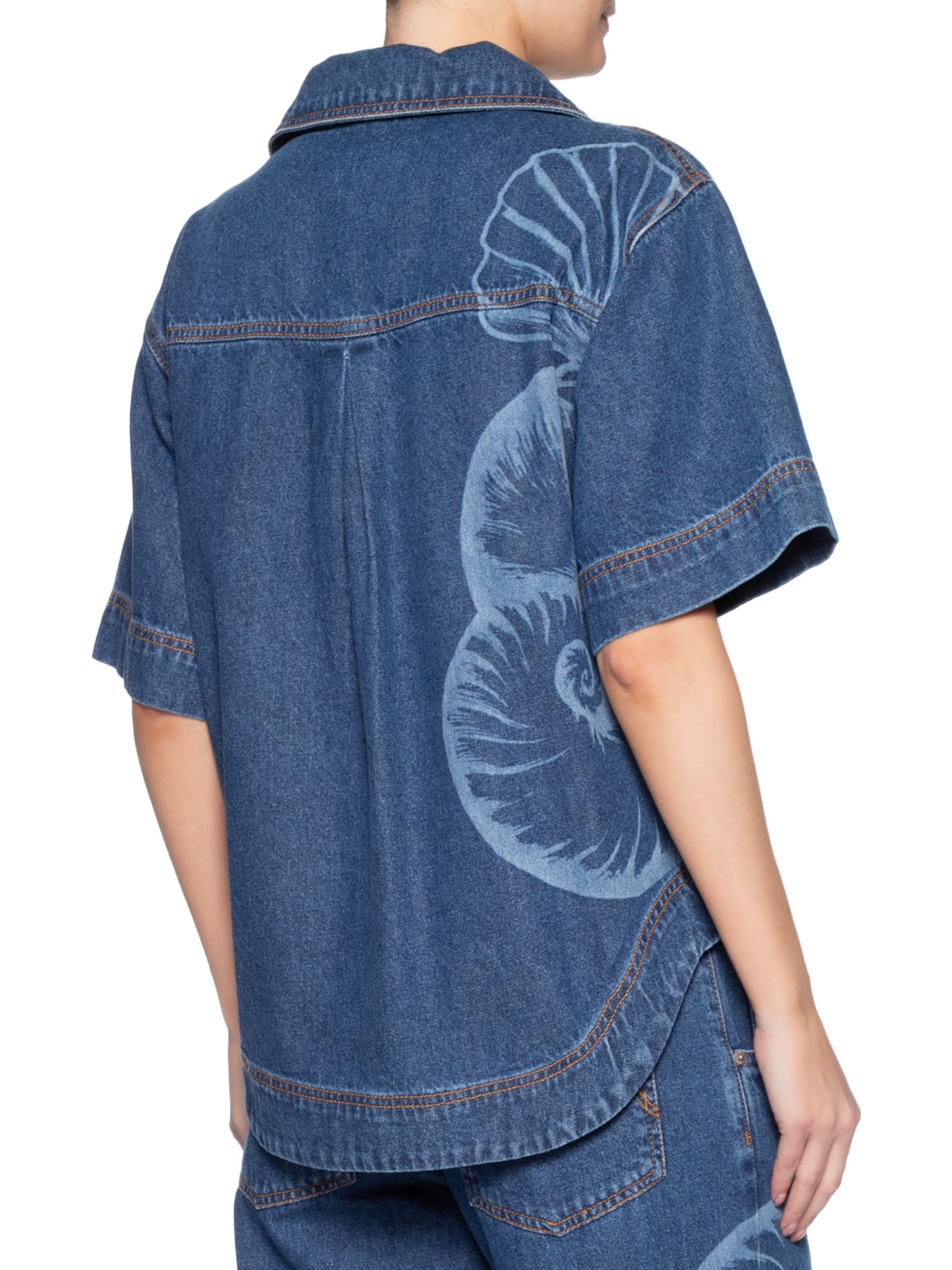 Camisa Feminina Jeans Polo Laser Maxi Conchas Azul Farm