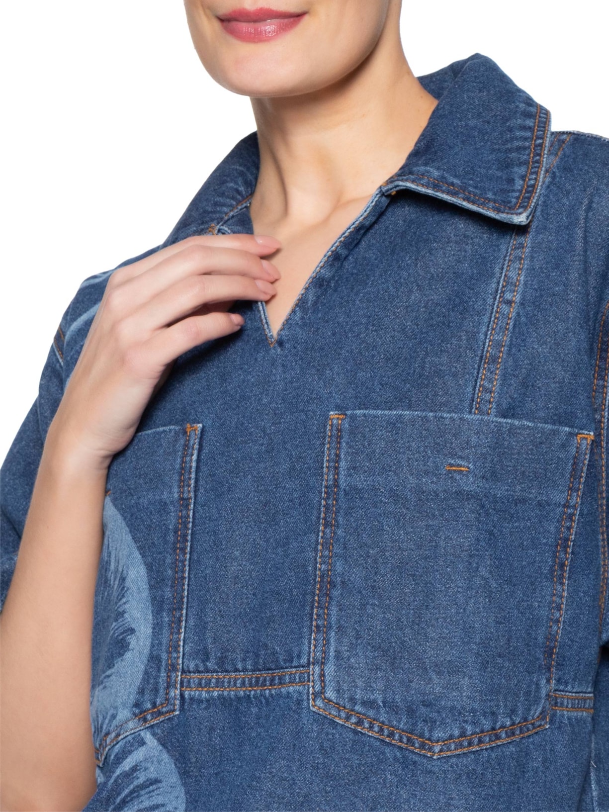 Camisa Feminina Jeans Polo Laser Maxi Conchas Azul Farm