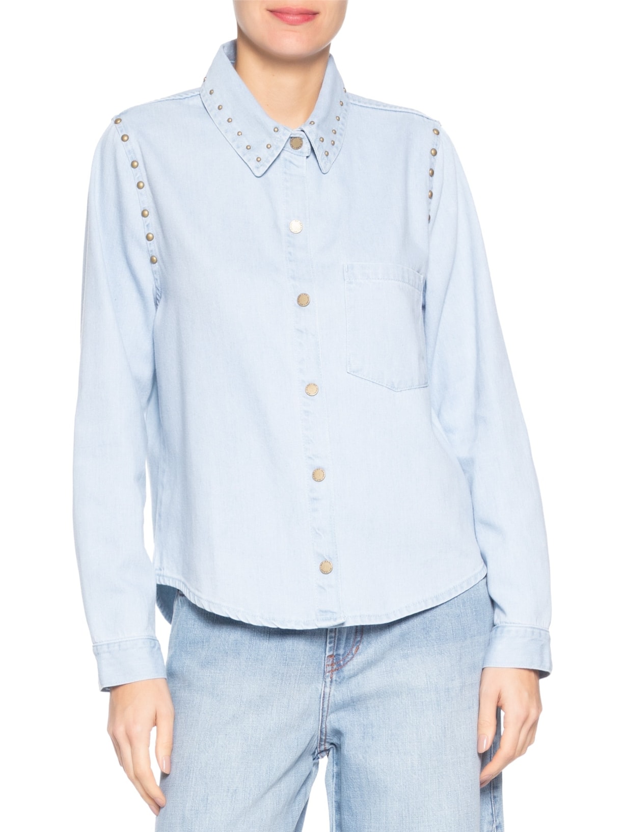 Camisa Feminina Jeans Rebites Gola E Cava – Azul Maria Filó