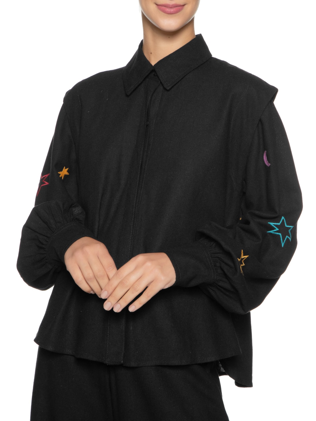 Camisa Feminina Linho Bordado Estrelas - Preto