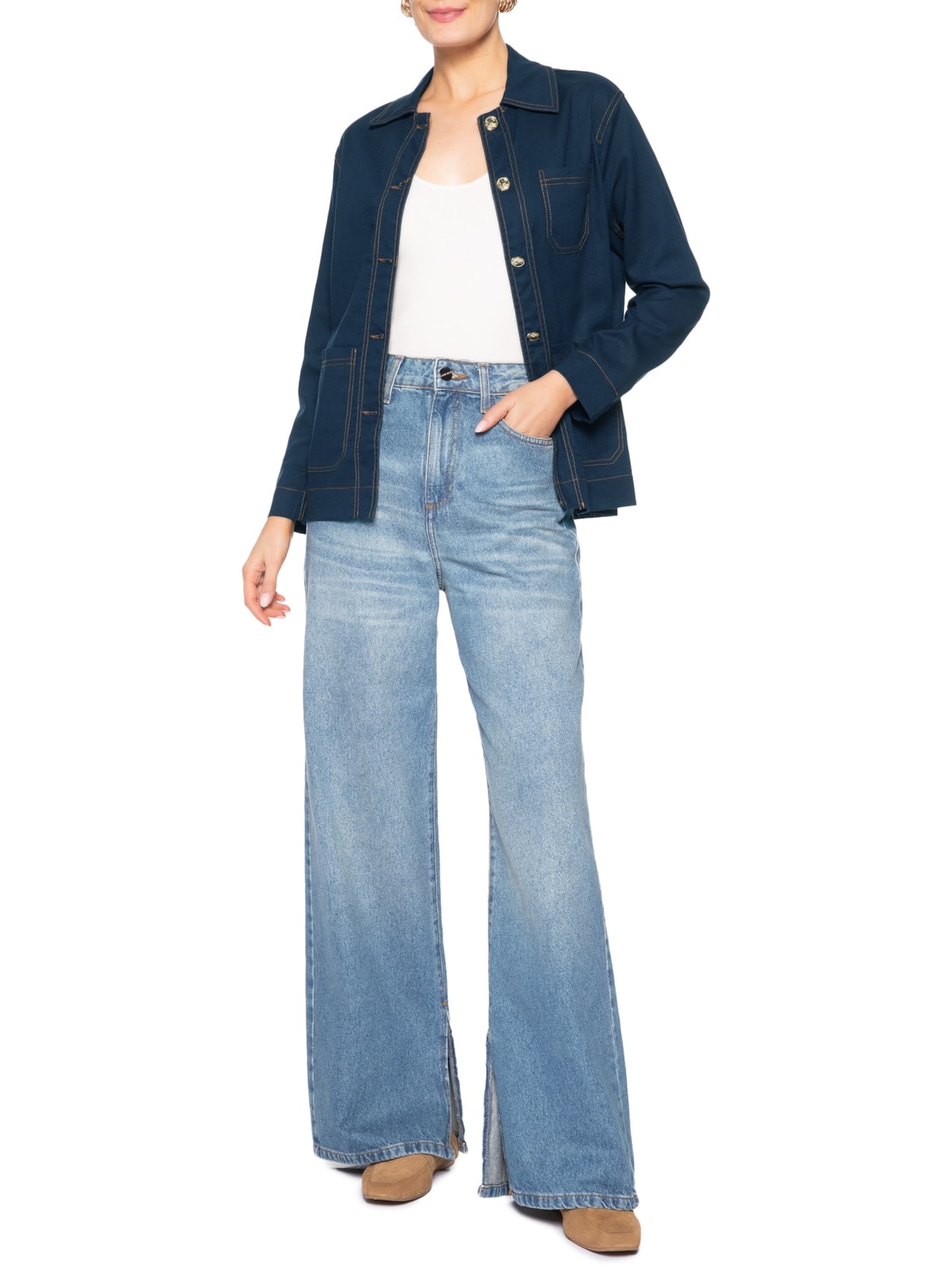 Camisa Feminina Linho com Bolsos Azul Basiq
