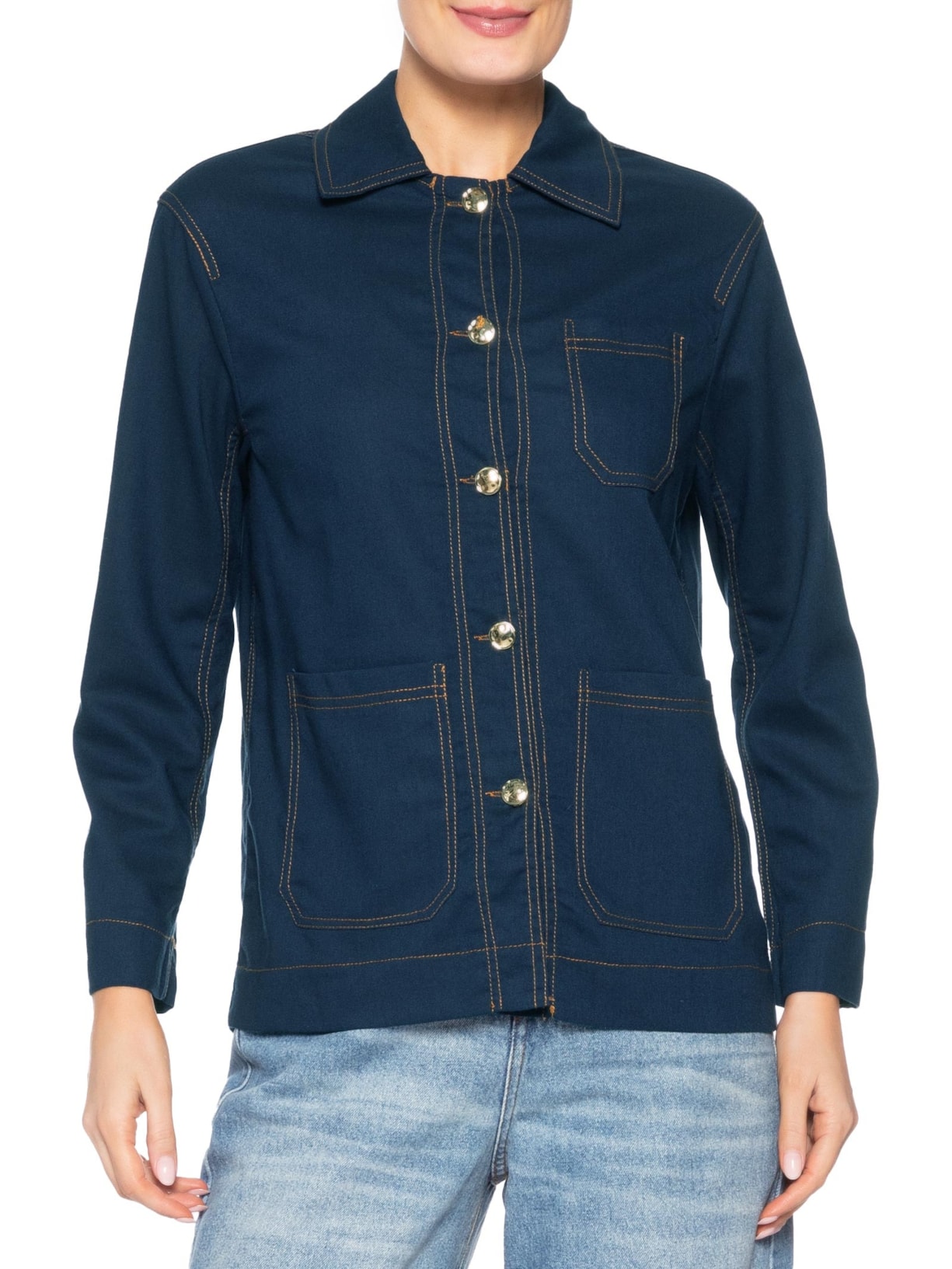 Camisa Feminina Linho com Bolsos Azul Basiq