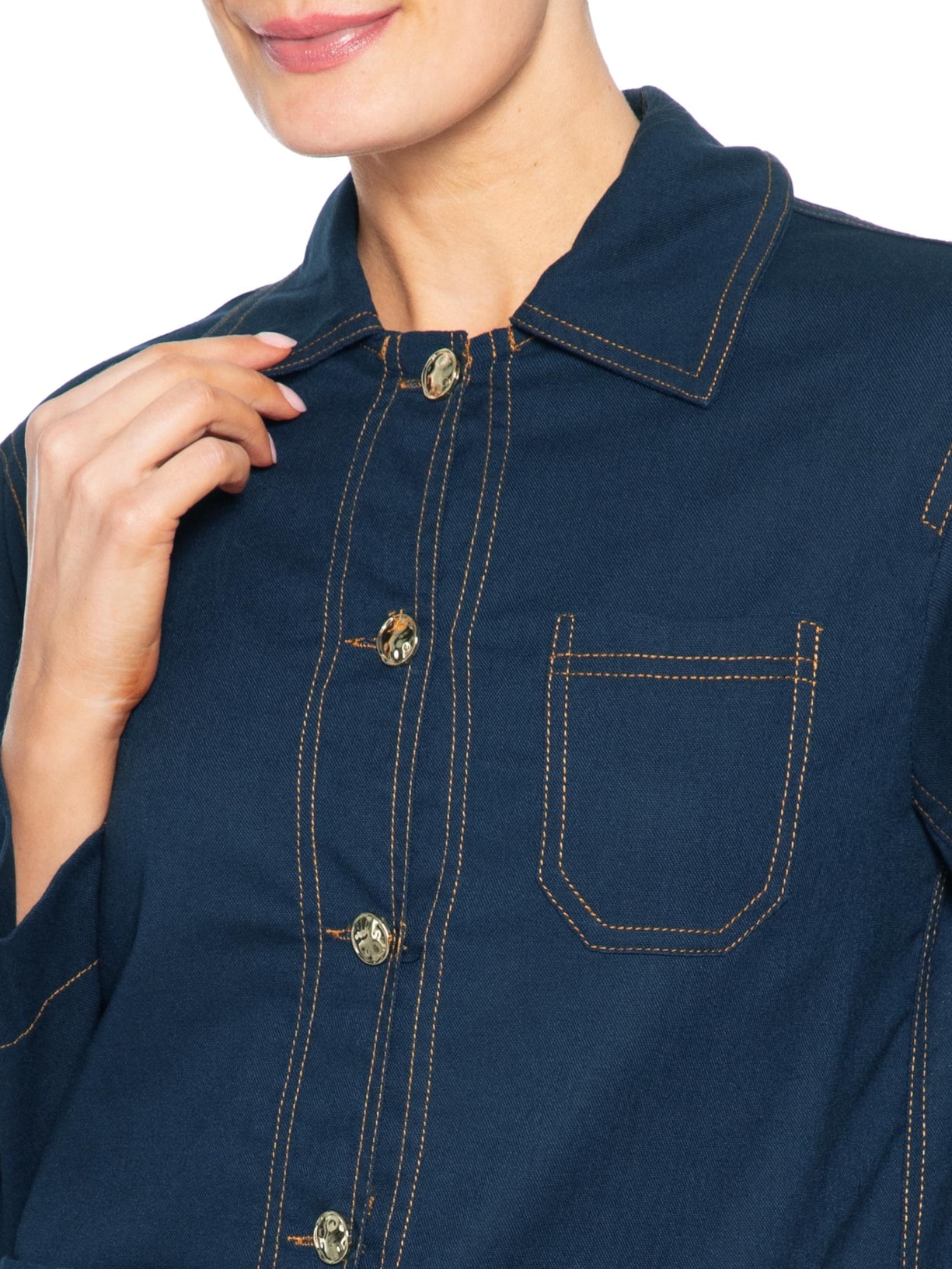 Camisa Feminina Linho com Bolsos Azul Basiq