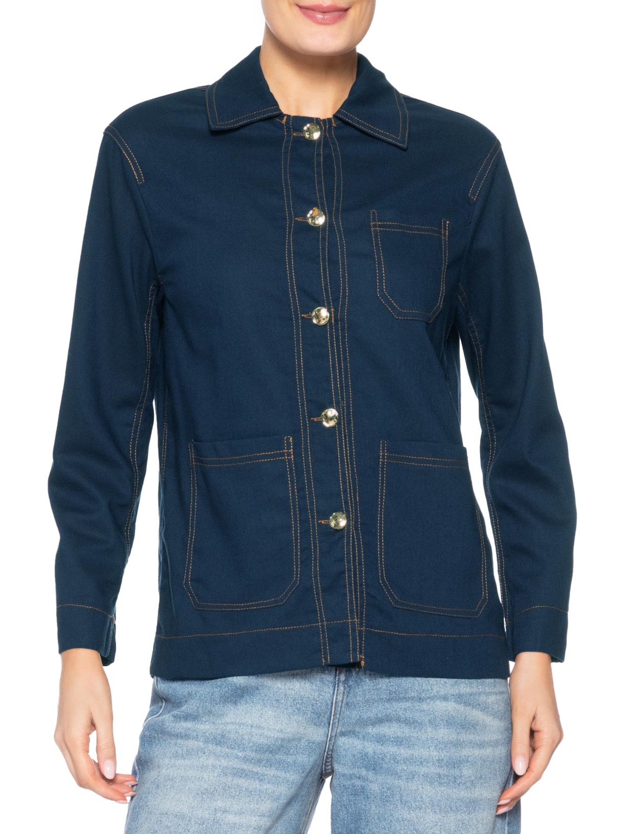 Camisa Feminina Linho com Bolsos – Azul Basiq