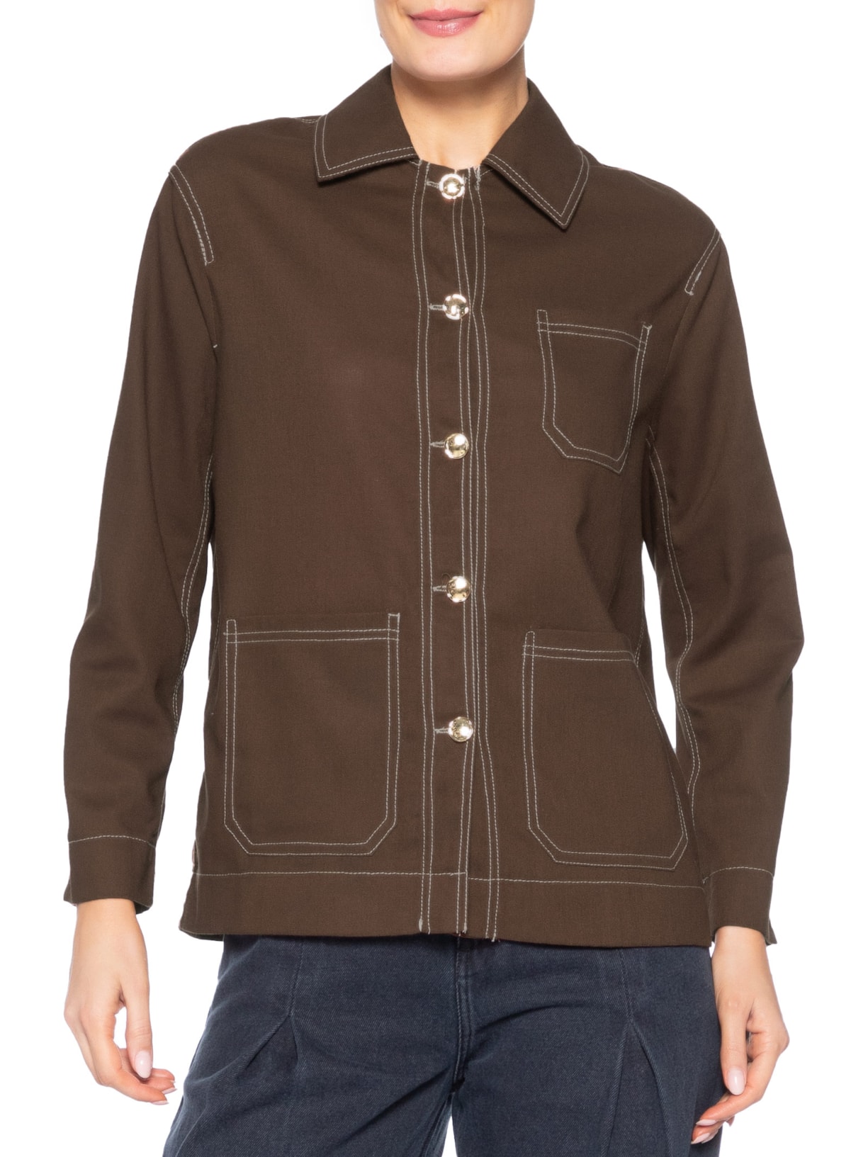 Camisa Feminina Linho com Bolsos – Marrom Basiq