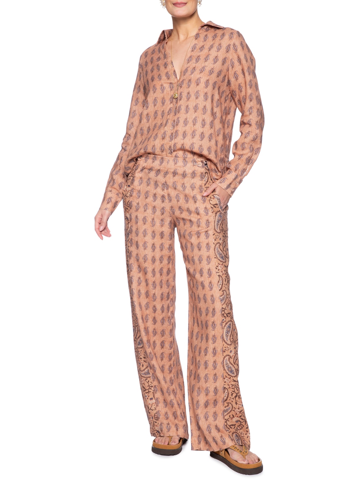 Camisa Feminina Linho Estampa Hippie Compose Ginger Rosa Maria Filó