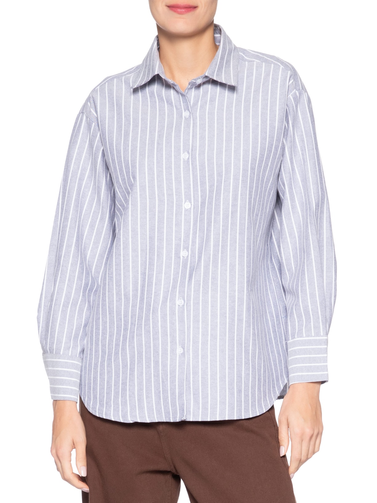 Camisa Feminina Listrada Cinza Market 33