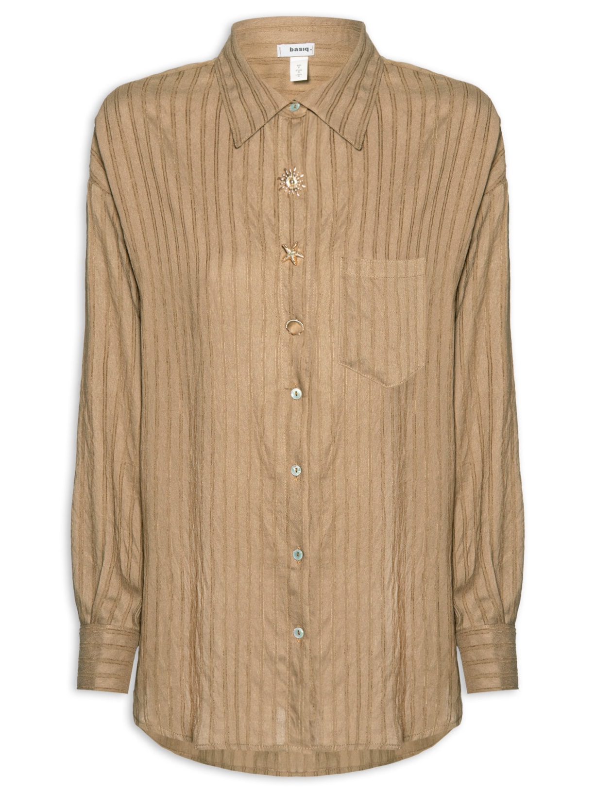 Camisa Feminina Listrada Com Bolso Bege Basiq