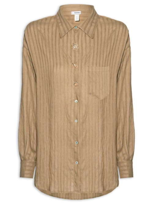 Camisa Feminina Listrada Com Bolso - Bege