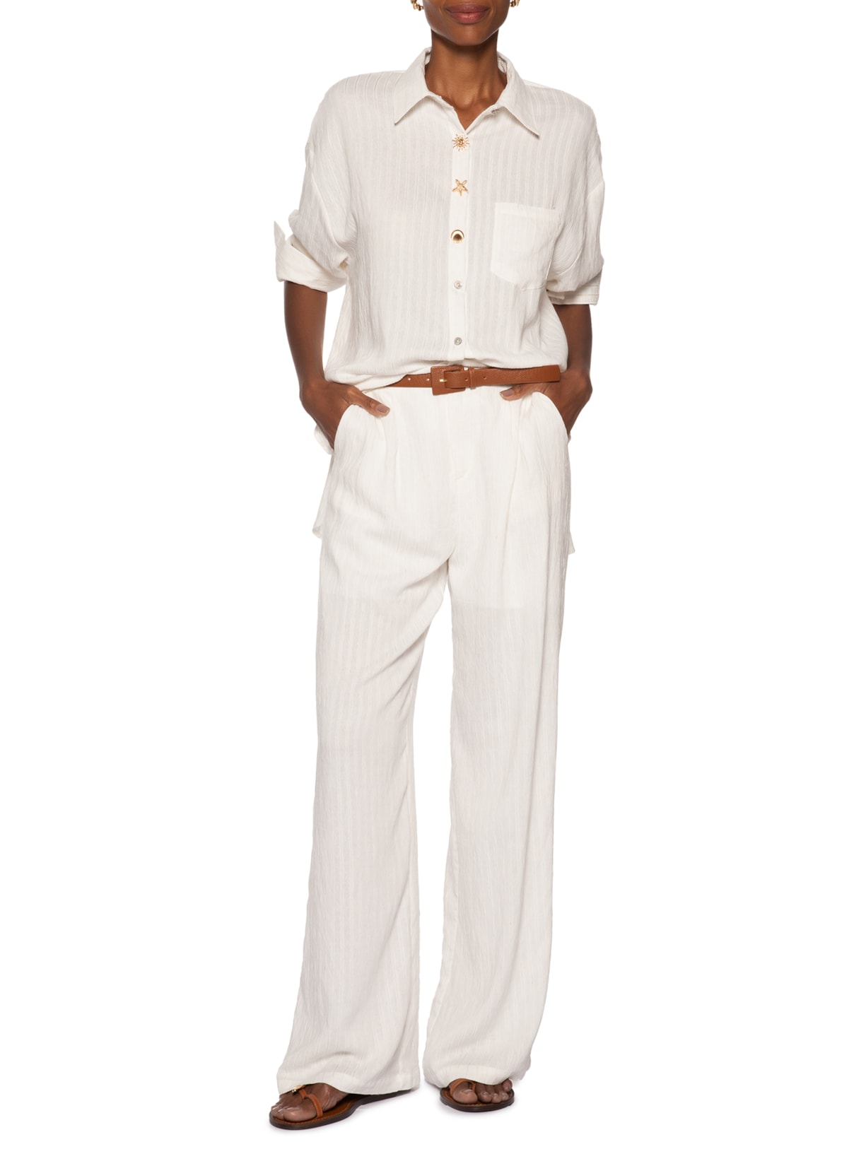 Camisa Feminina Listrada Com Bolso Branco Basiq