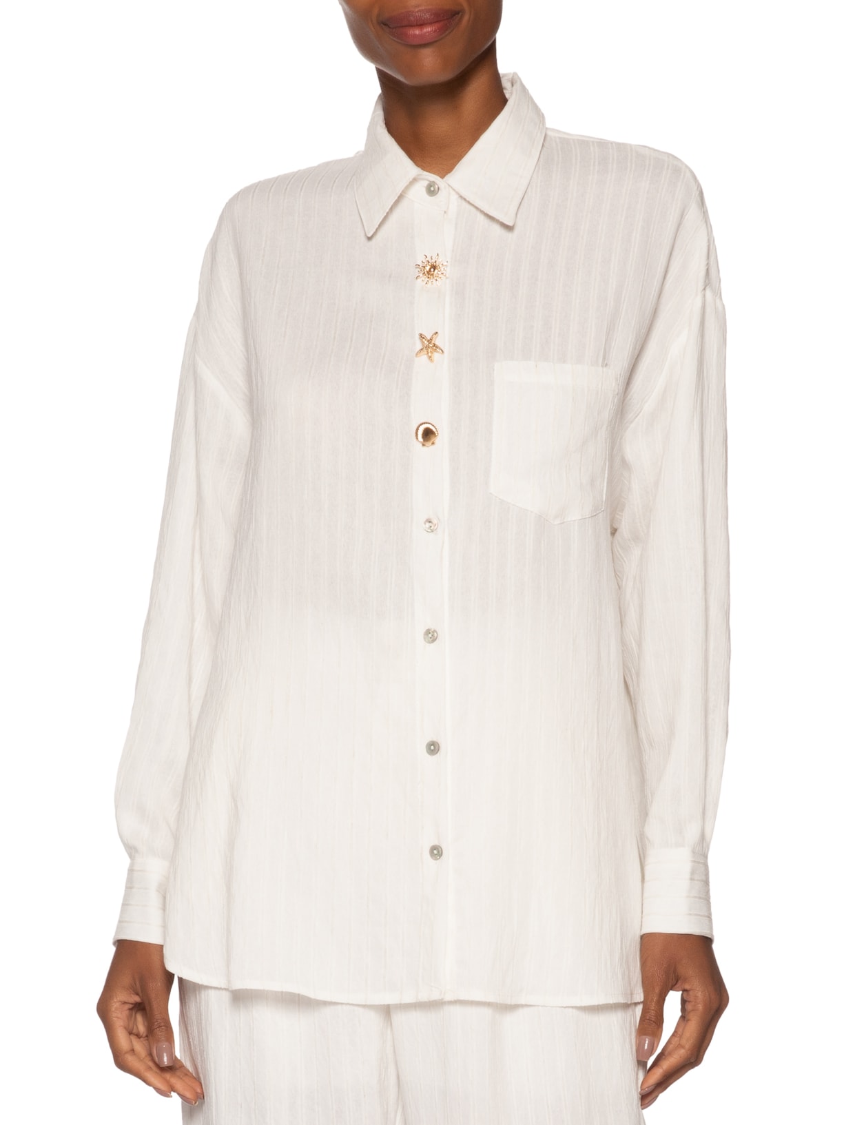Camisa Feminina Listrada Com Bolso Branco Basiq