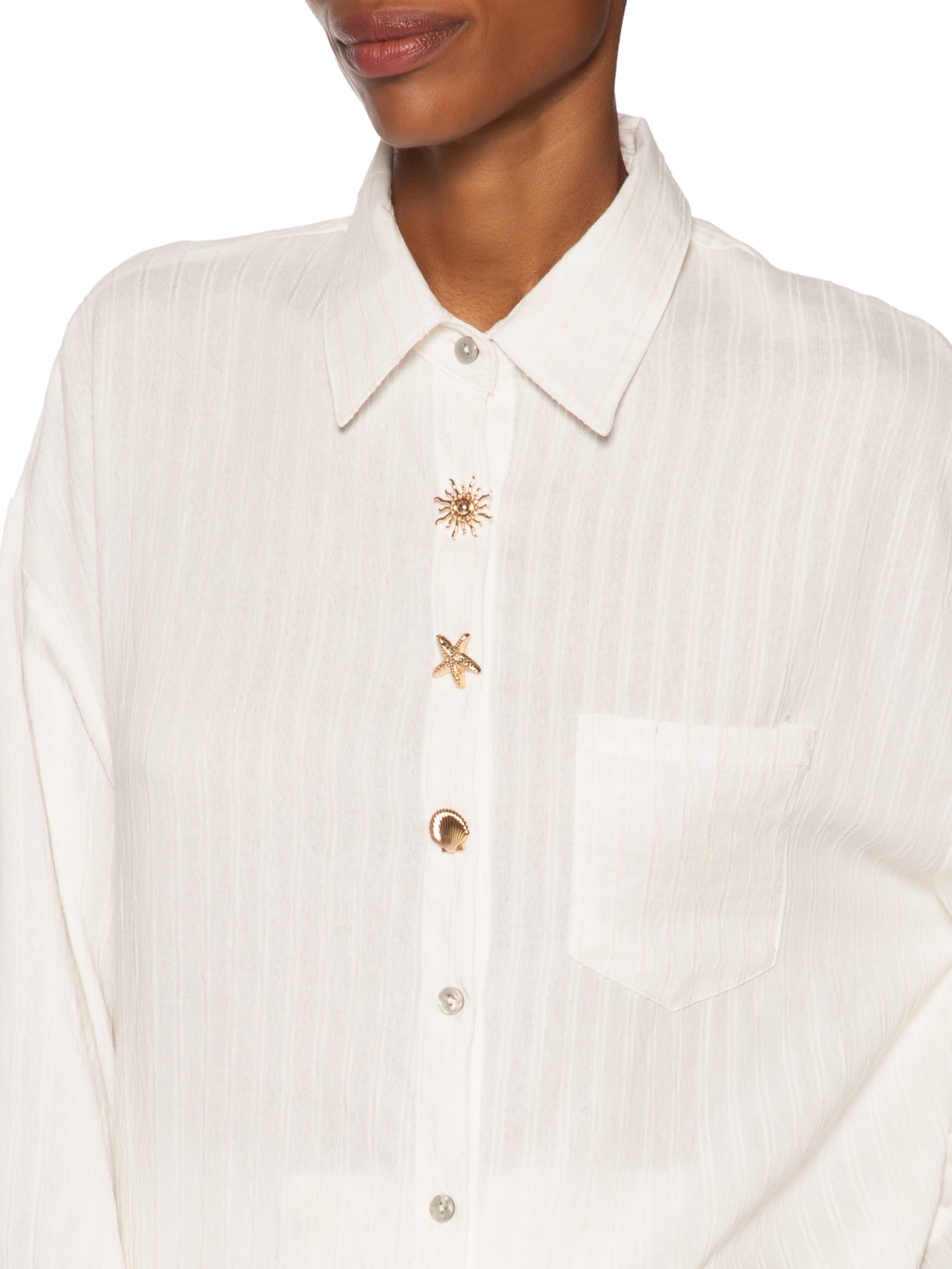 Camisa Feminina Listrada Com Bolso Branco Basiq