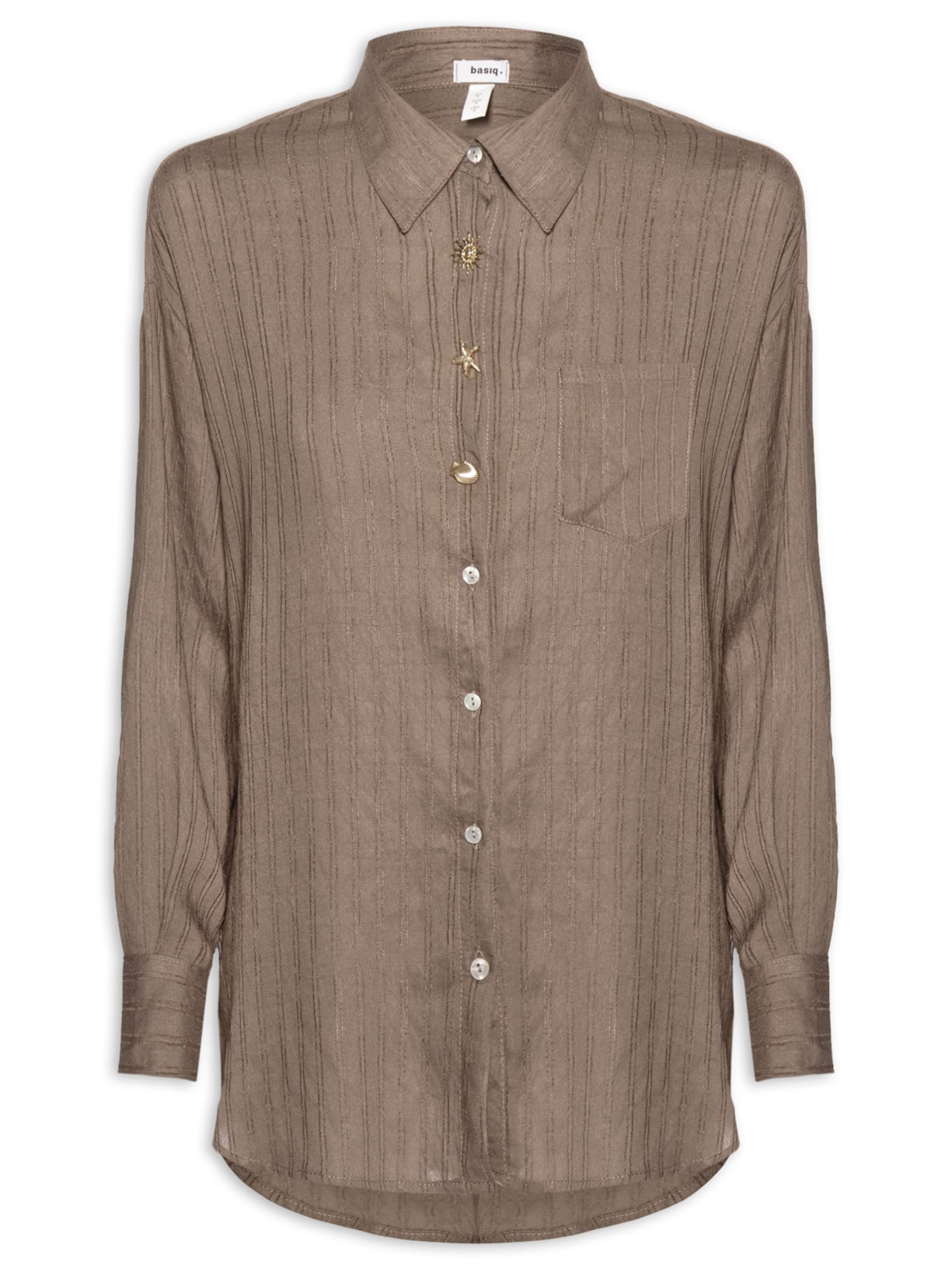 Camisa Feminina Listrada Com Bolso Marrom Basiq