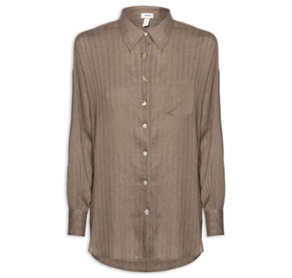 Camisa Feminina Listrada Com Bolso - Marrom