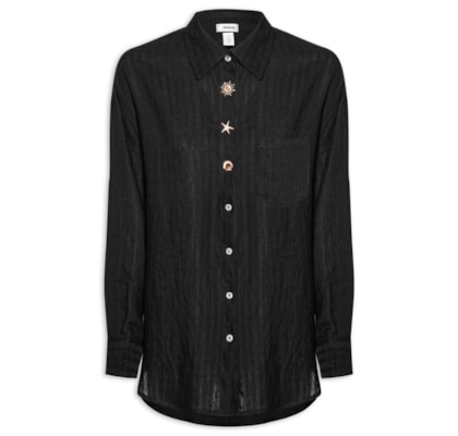 Camisa Feminina Listrada Com Bolso - Preto