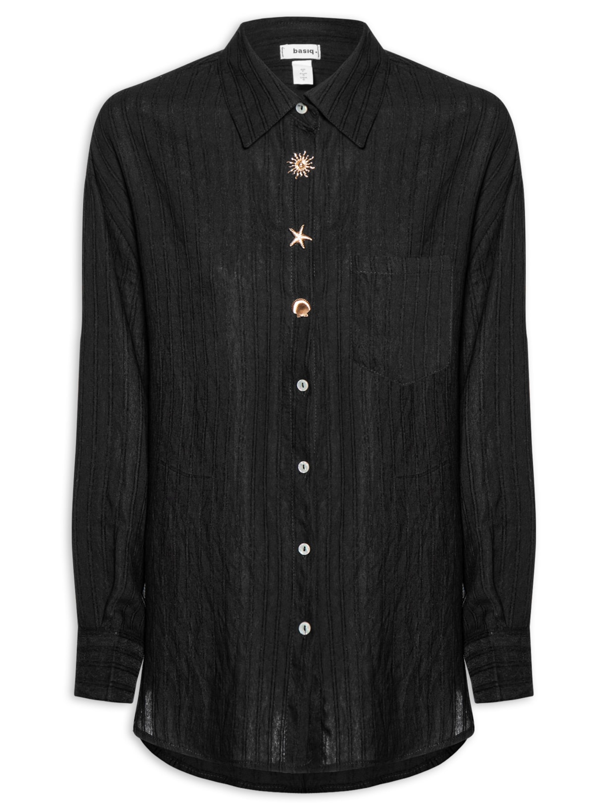 Camisa Feminina Listrada Com Bolso - Preto