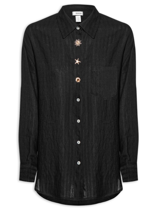 Camisa Feminina Listrada Com Bolso - Preto