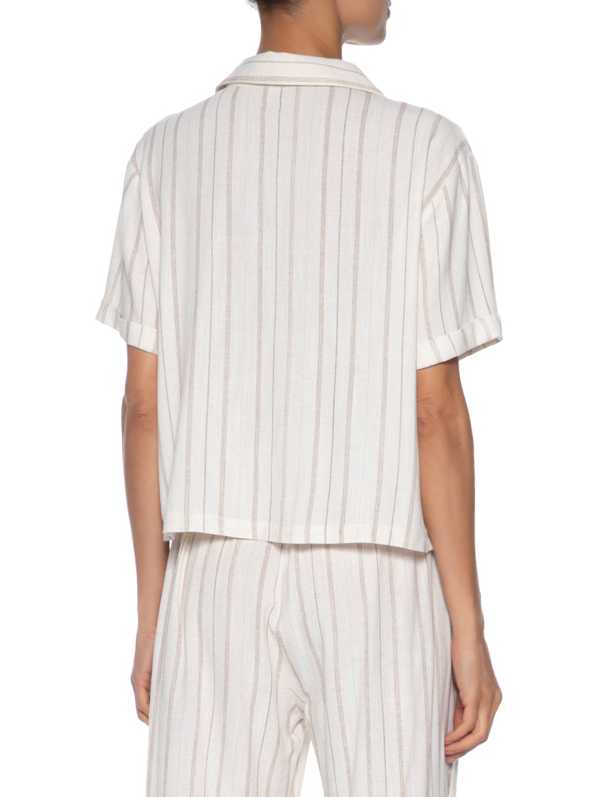 Camisa Feminina Listrada Com Linho Bege Basiq