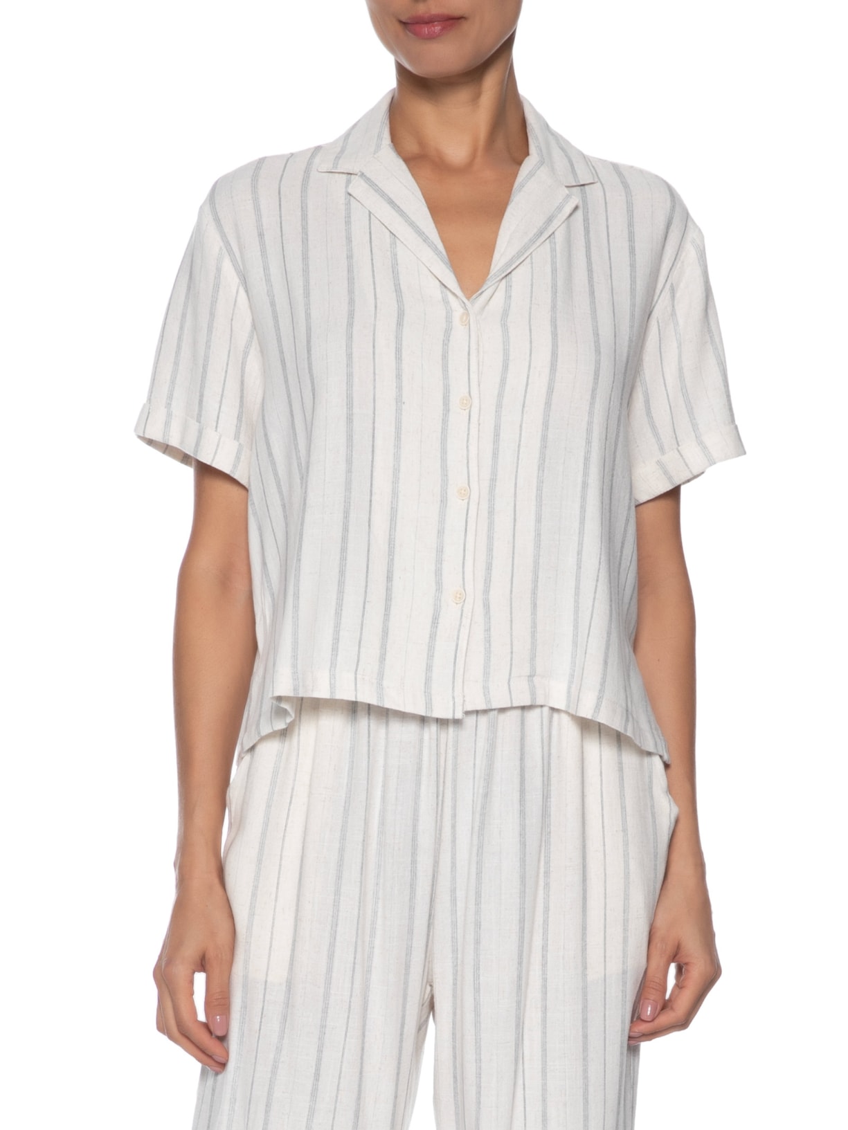 Camisa Feminina Listrada Com Linho Off White Basiq