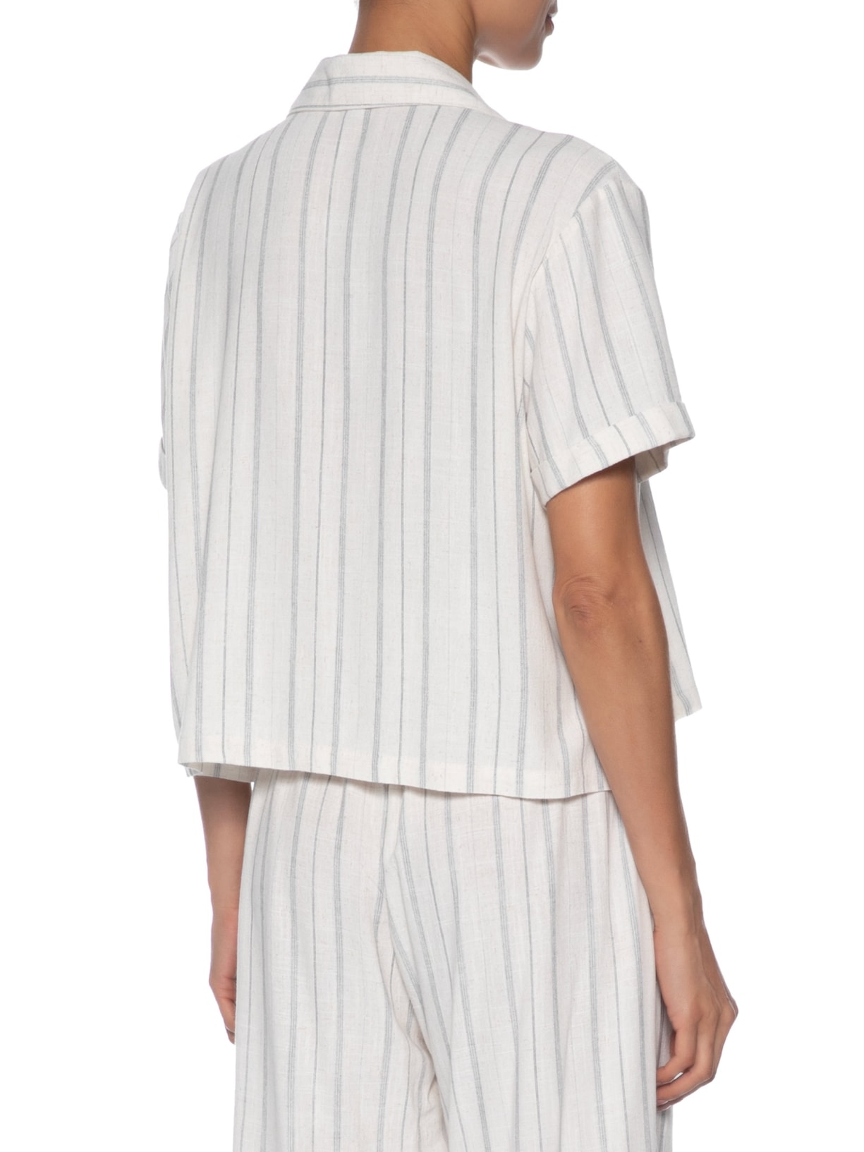 Camisa Feminina Listrada Com Linho Off White Basiq