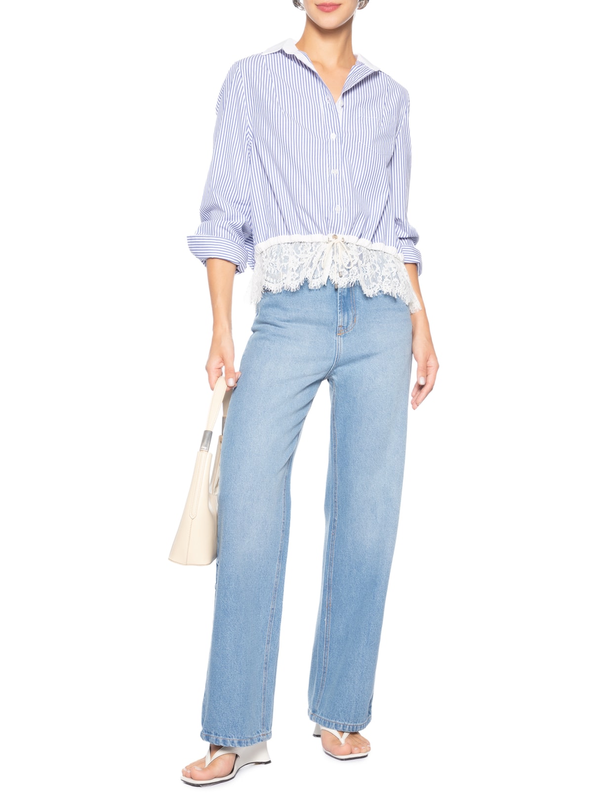 Camisa Feminina Listrada com Renda Azul Animale