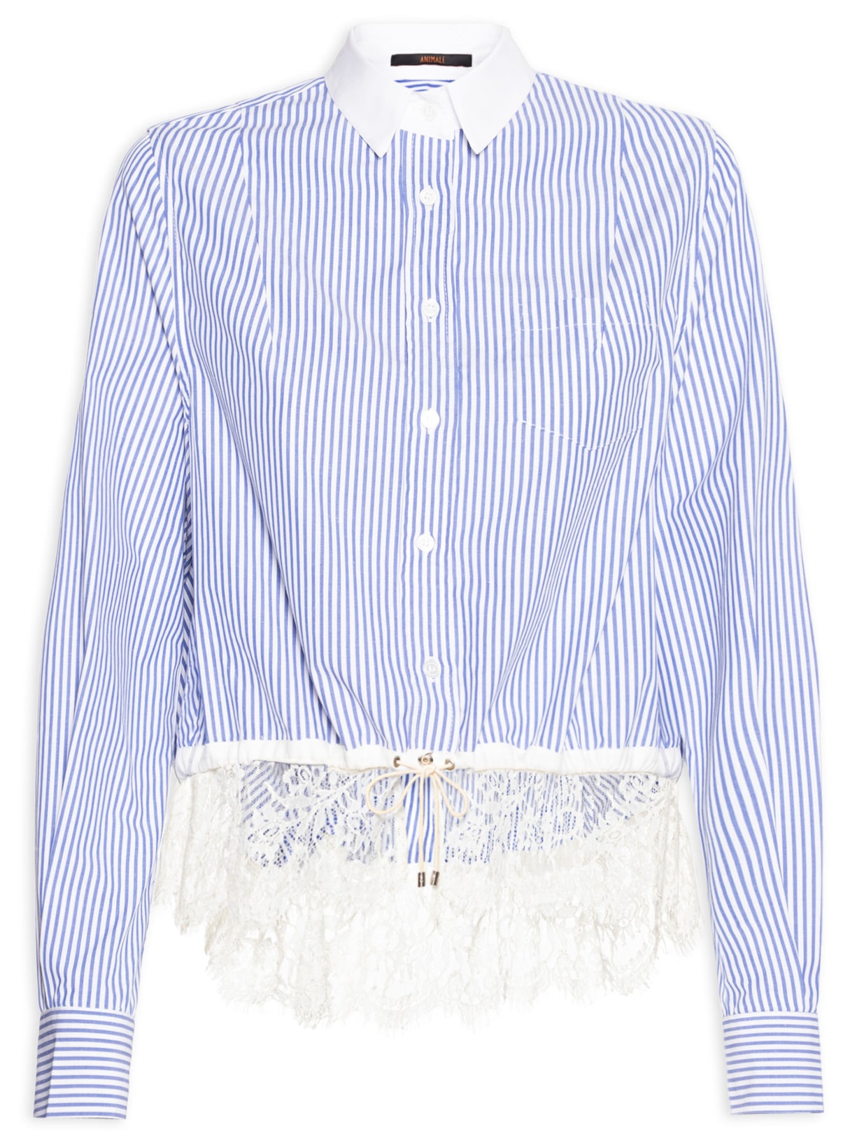 Camisa Feminina Listrada com Renda – Azul