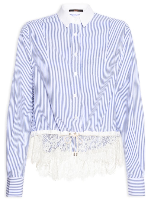 Camisa Feminina Listrada com Renda – Azul