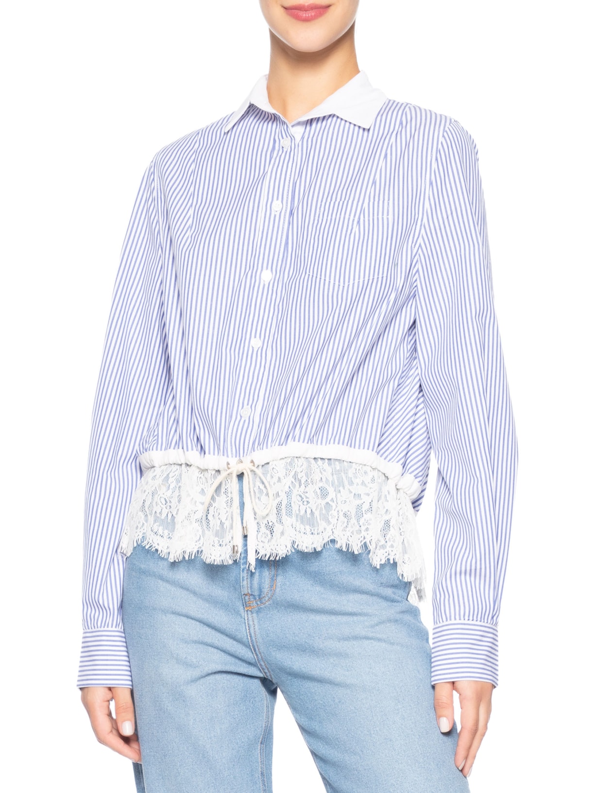 Camisa Feminina Listrada com Renda – Azul Animale