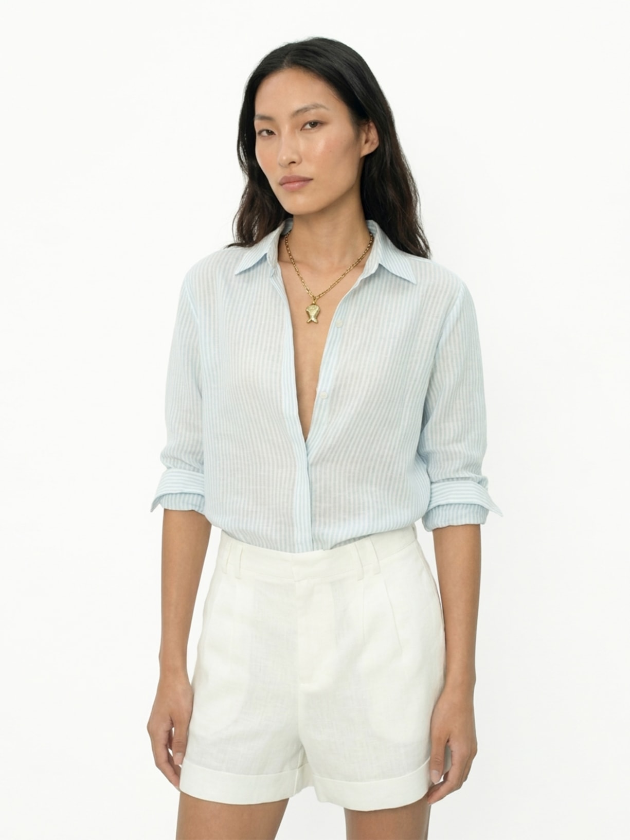Camisa Feminina Listrada Linho Azul Maria Filó