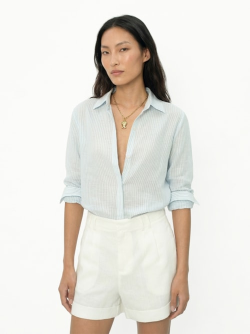 Camisa Feminina Listrada Linho - Azul