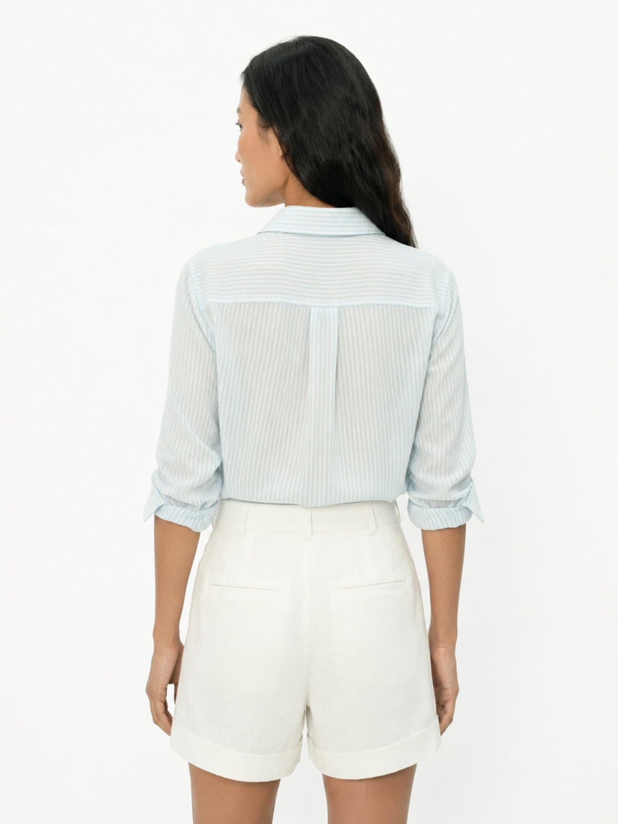Camisa Feminina Listrada Linho Azul Maria Filó