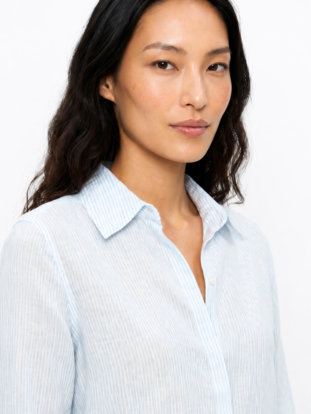 Camisa Feminina Listrada Linho Azul Maria Filó