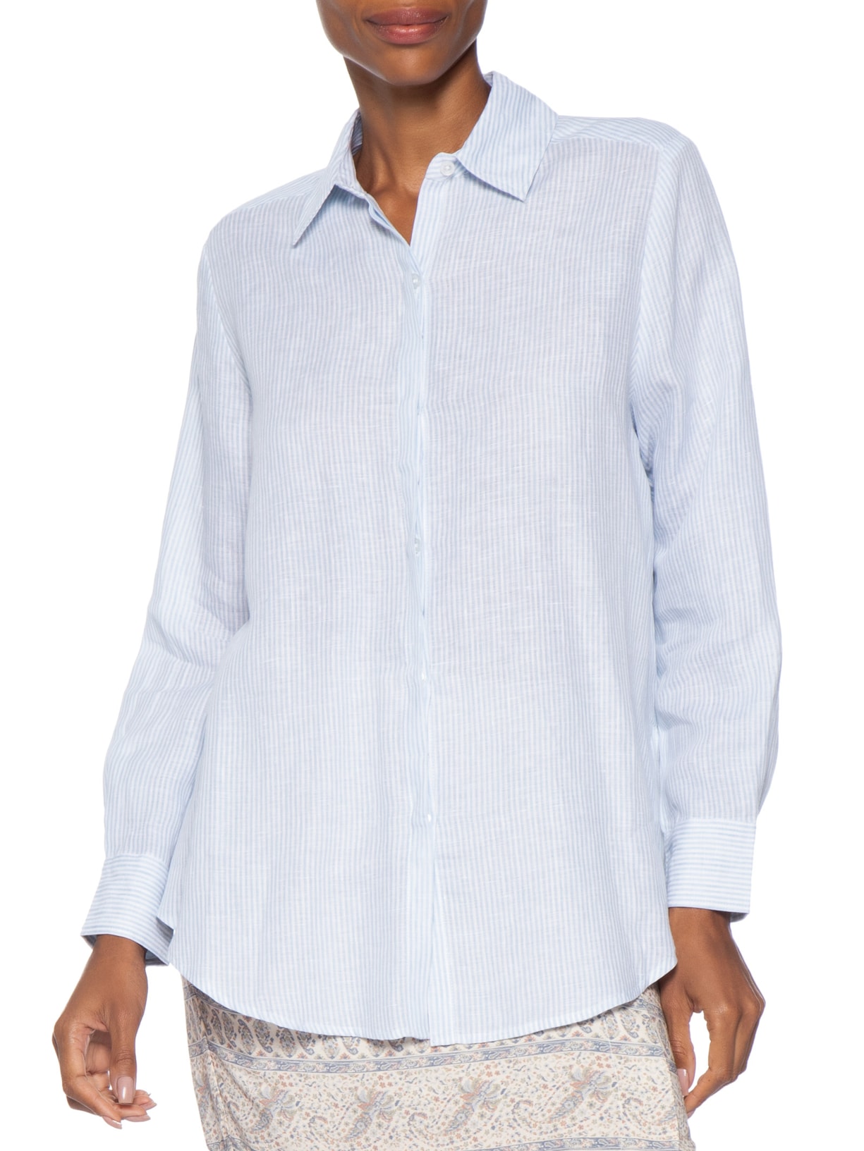 Camisa Feminina Listrada Linho Azul Maria Filó