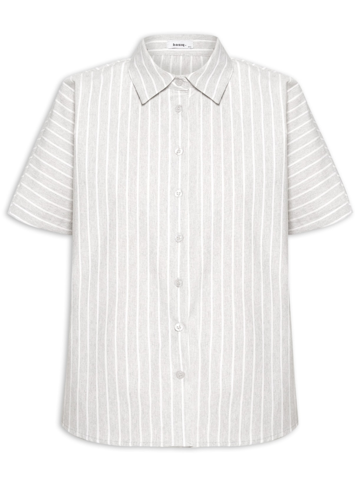 Camisa Feminina Listrada Manga Curta Cinza Basiq