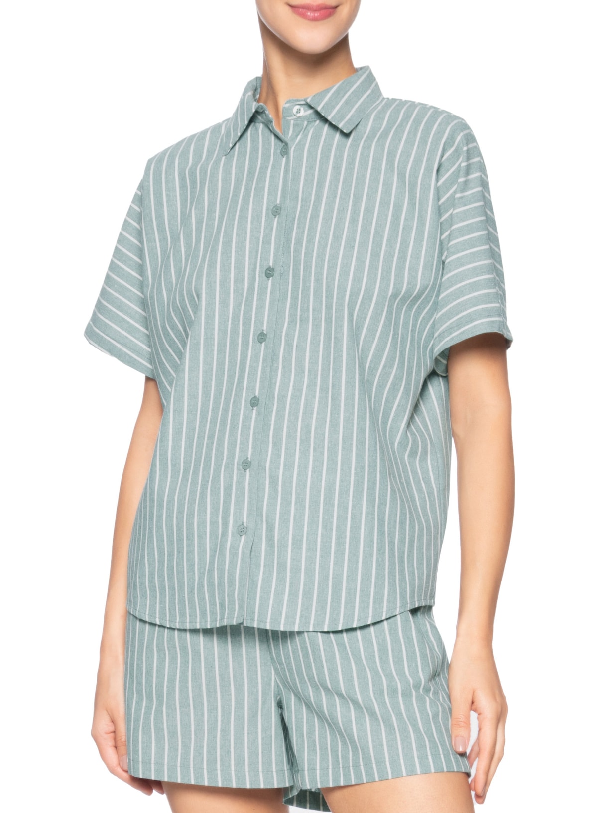 Camisa Feminina Listrada Manga Curta Verde Basiq