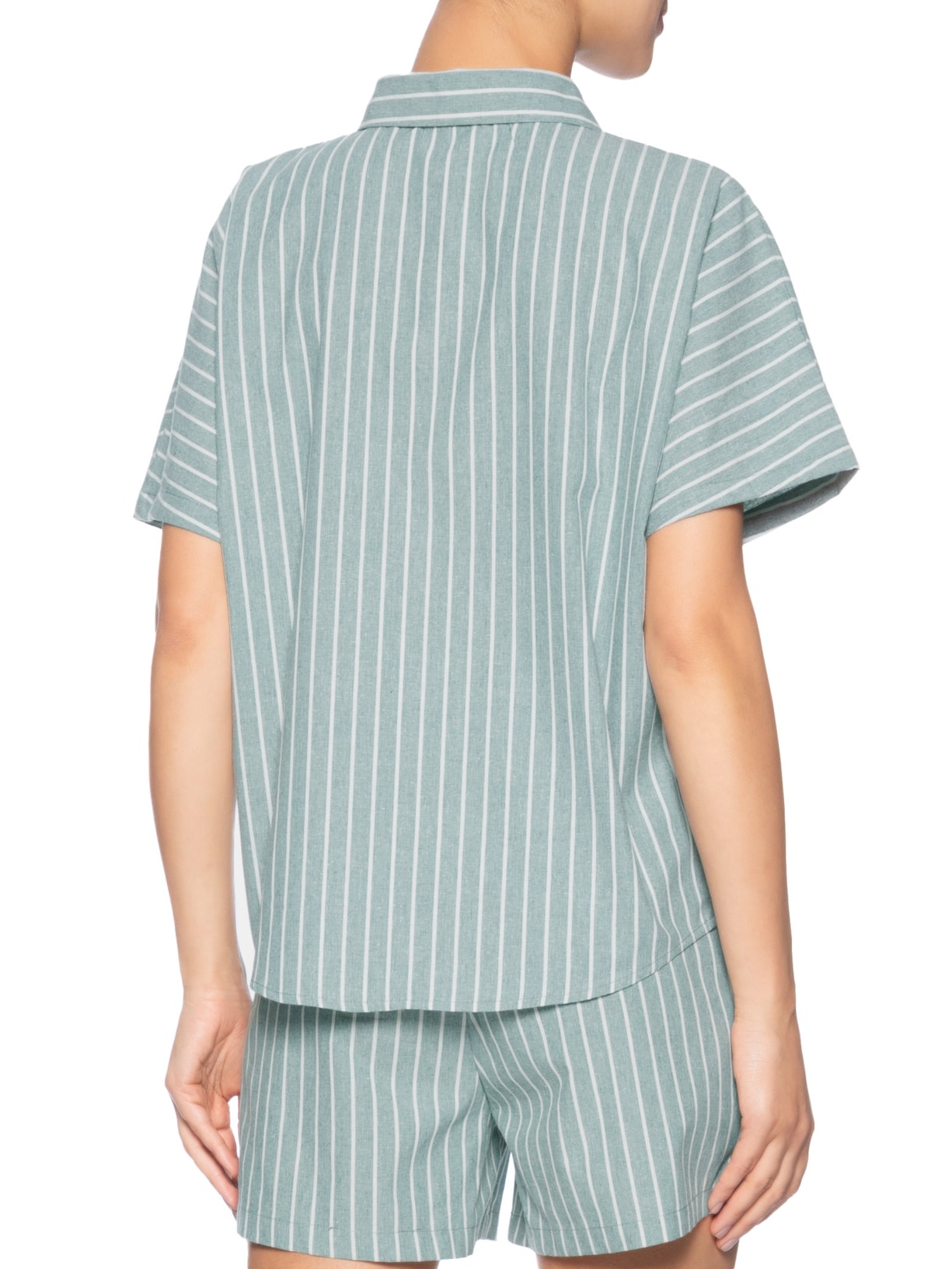 Camisa Feminina Listrada Manga Curta Verde Basiq