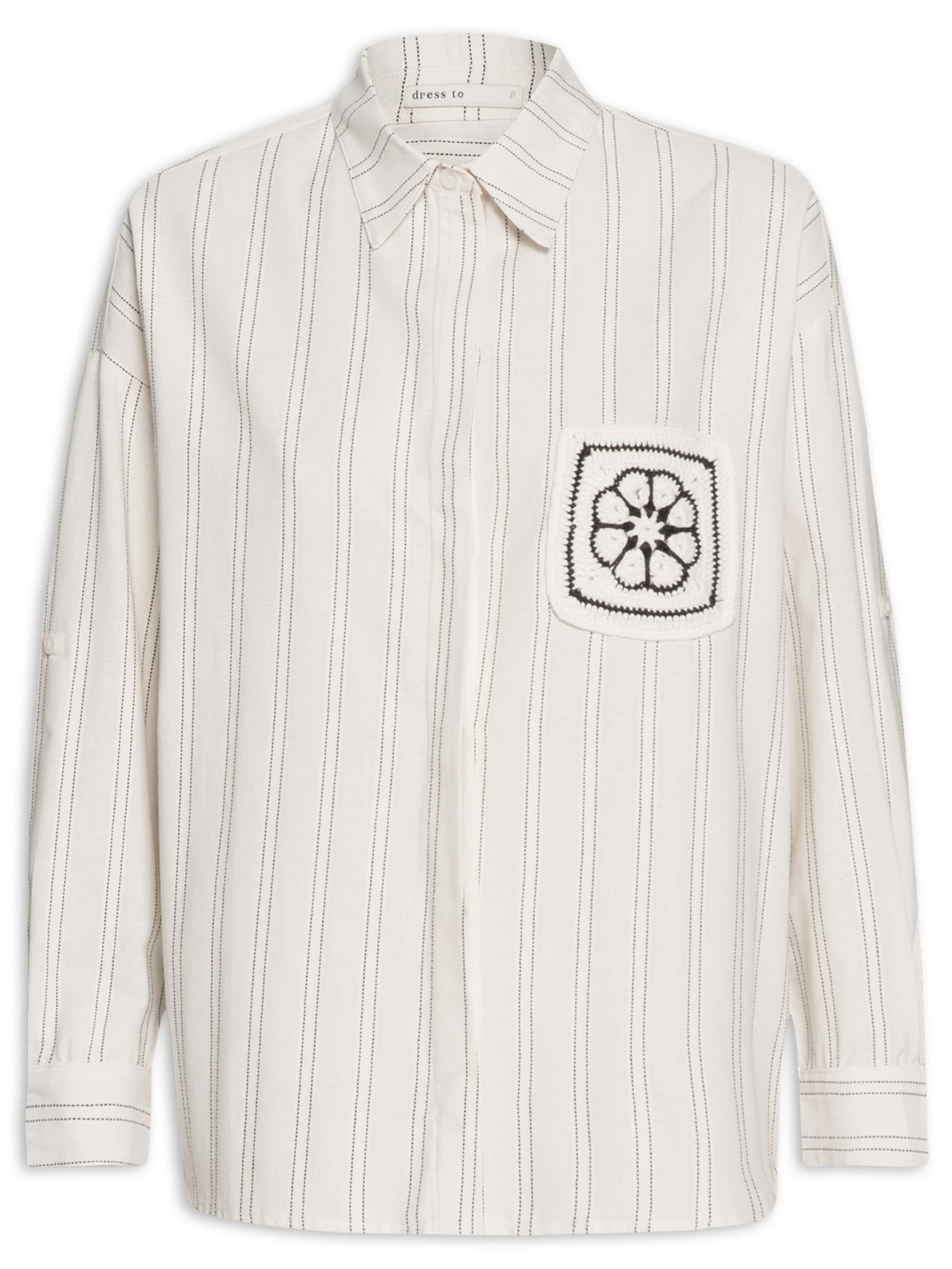 Camisa Feminina Listras Bolso Crochê - Bege