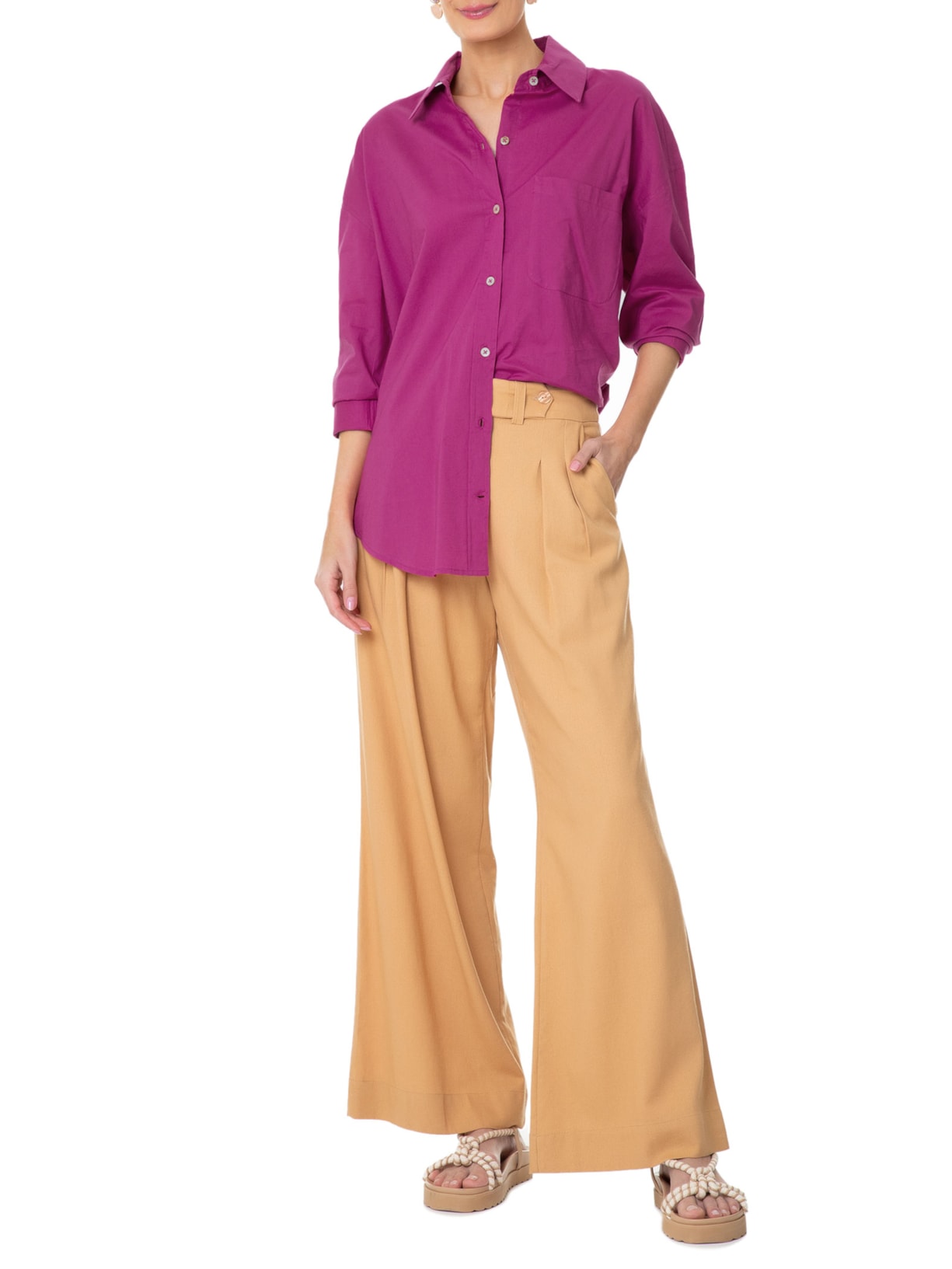 Camisa Feminina Longa Bolso Rosa Farm